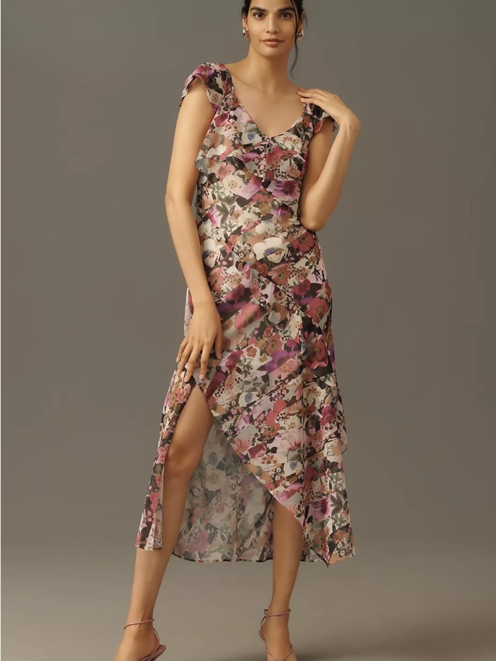 By Anthropologie Ruffle-Sleeve Floral Slip Midi Dress